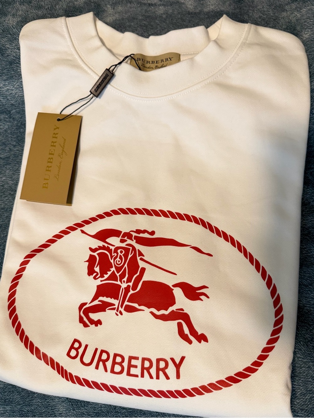 Burberry White Crewneck Sweatshirt with Red Equestrian Logo
